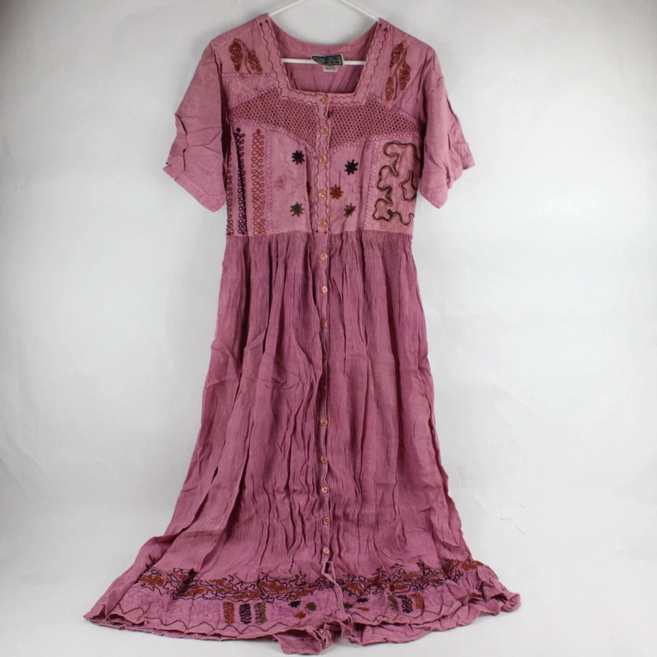 M.P.H Robe Longue Maxi Bohème Vintage 90s Rose Mauve Brodée Taille M - Photo 1/4