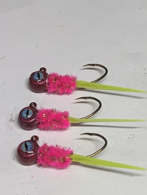 Hand tied crappie jigs 1/16 ounce wedge tail Electric Chicken Disco Pink UV
