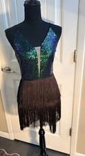 Women s S Blue/Green Sequins Blk. Fringe Latin Dance Dress Performance Outfit