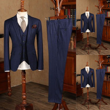 Navy Striped Men's Suits 3Pcs Business Tuxedos Slim Fit Notch Lapel Coat Jacket