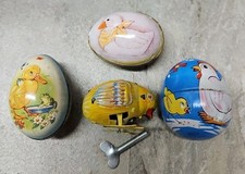 Haji Pecking Toy Chick Chicken Windup Tin Litho Japan 1950s w/Key  3 Eggs Vtg