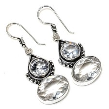 White Topaz Gemstone Handmade 925 Sterling Silver Jewelry Earring Size 1.4"