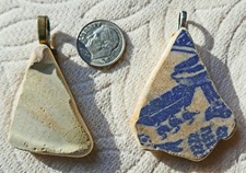 2 LOVELY SEA GLASS BEACH POTTERY PENDANTS SURF TUMBLED  24 JEWELRY