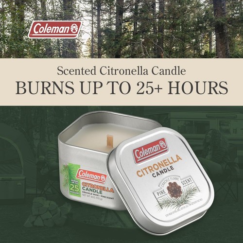 Coleman Pine Scented Citronella Candle with Wooden Crackle Wick - 6 oz Tin *NEW* - Picture 4 of 13