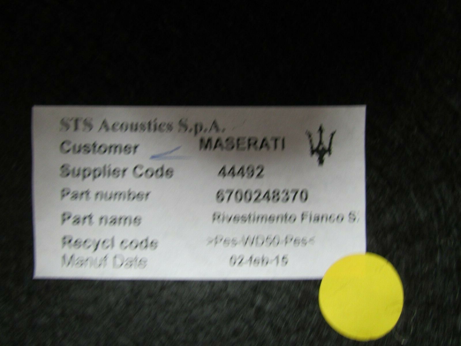 Maserati Ghibli, LH, Left Side Trunk Carpet, Black, Used, P/N 6700248370