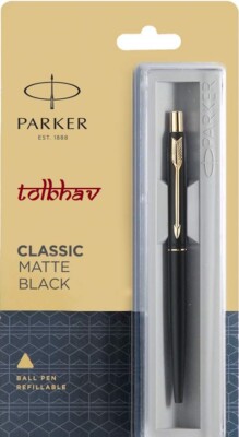Parker Classic Mattschwarz GT Kugelschreiber BP Neu Goldrand Blaue Tinte Fein...