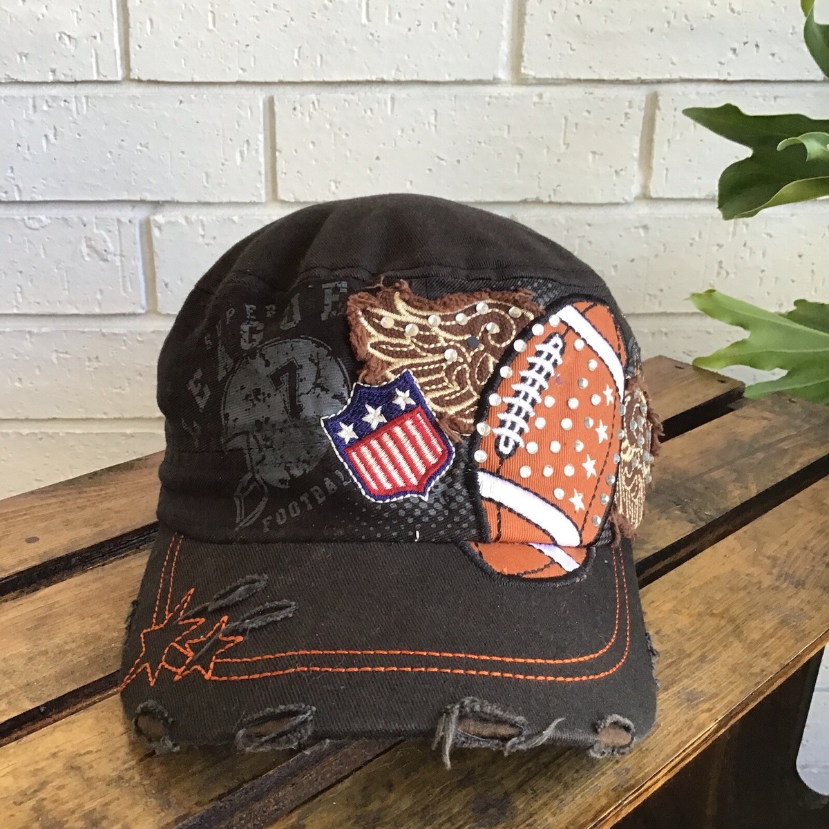 LEADER Black Bling Crystals Football Baseball Hat Distressed 