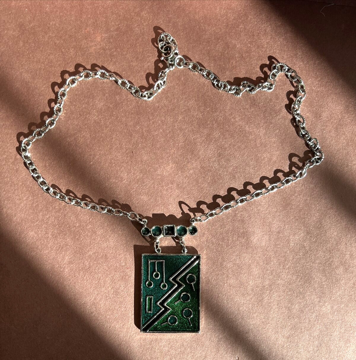 Silver Chain Necklace With Rectangular Green Enam… - image 3