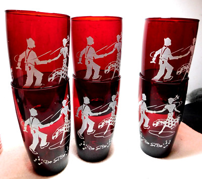 Vintage Set of 6 Anchor Hocking Glass Ruby Red Square Dance Tumblers / Do-Si-Do