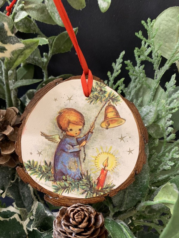 Handmade Wood Ornament Decoupaged Upcycled  Vintage Angel w/Bell Christmas Card