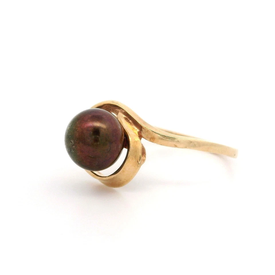 Anillo solitario diseño remolino perla marrón chocolate 7,7 mm oro amarillo 10k vintage Foto 3 de 4