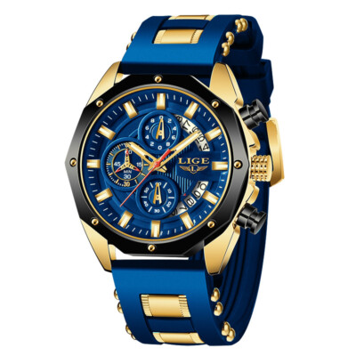 LIGE Men Sport Watch Blue Silicone Chronograph Wristwatch Student Big Boys  Watch