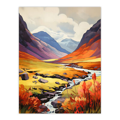 Scotland Glencoe Valley Vibrant Mountains Heather Shrubs Wall Art Poster Print