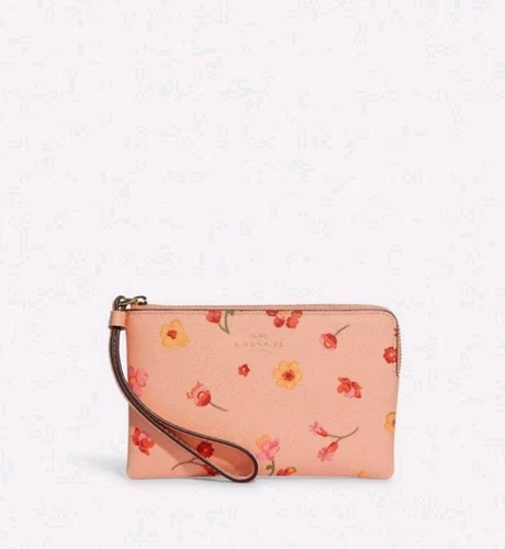 Pochette da polso Coach Peach Mystical in tela rivestita floreale con zip angolare nuova con etichetta