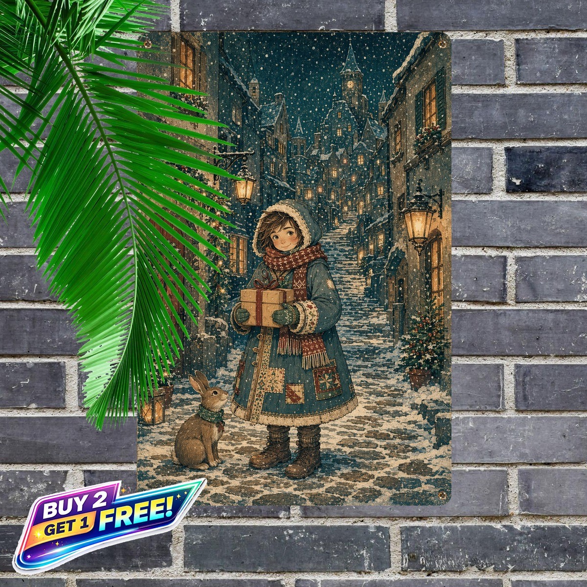 Winter Village Tin Sign Christmas Elf and Rabbit Companion Metal Plaque