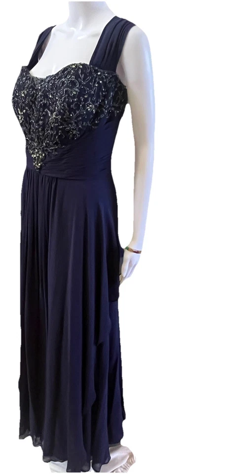 VESTIDO DE NOCHE MONTAGE BY MON CHERI AZUL MARINO Talla 14 VESTIDO MAXI DE GASA CON CUENTAS Busto 42 Foto 4 de 4