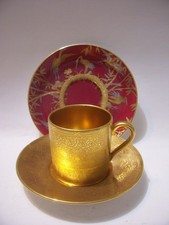 MINTON ENCRUSTED RAISED GOLD SILVER DEMITASSE CUP 2 SAUCERS CHRISTOPHER DRESSER