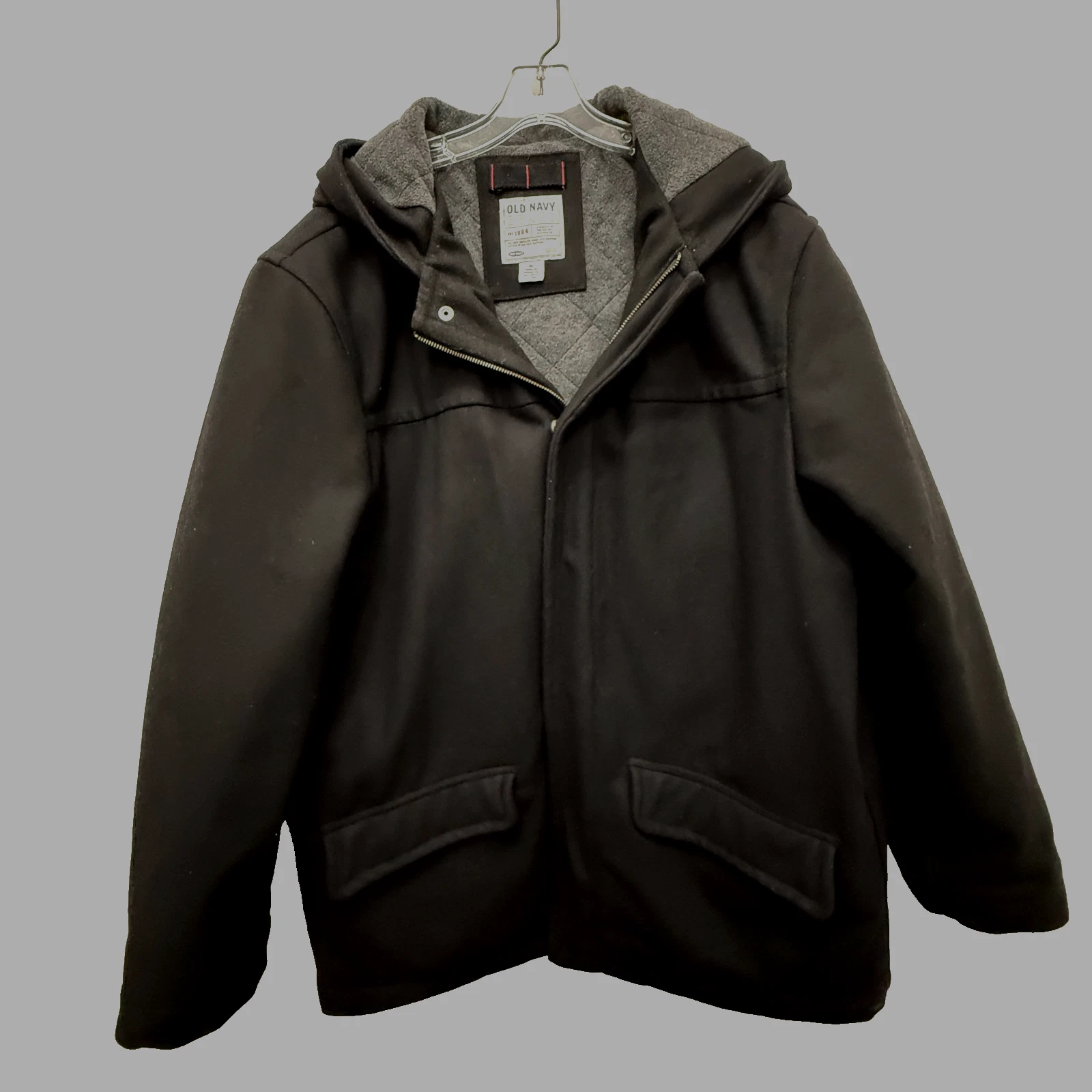 Old Navy Wool Blend Mens Black & Grey Hood Jacket XL Full Zip Quilt&Fleece Lined