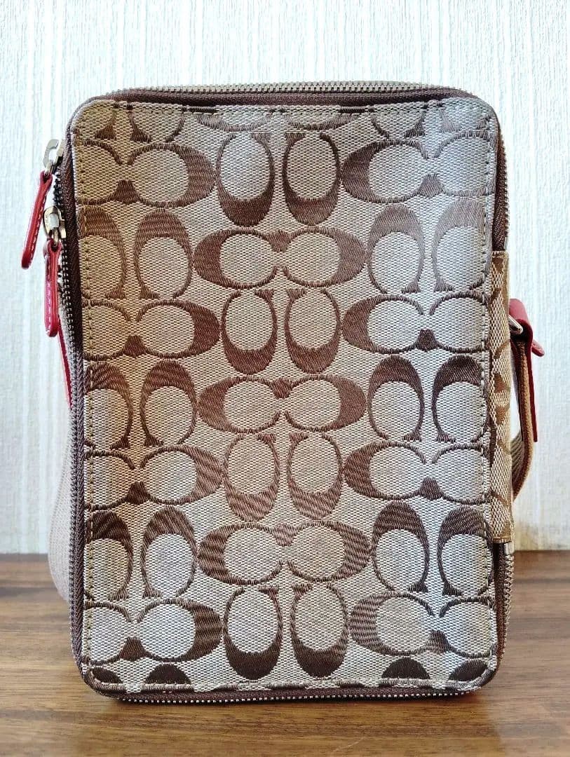 COACH Signature Canvas Red Crossbody Bag Leather Trim Women's Authentic image 3