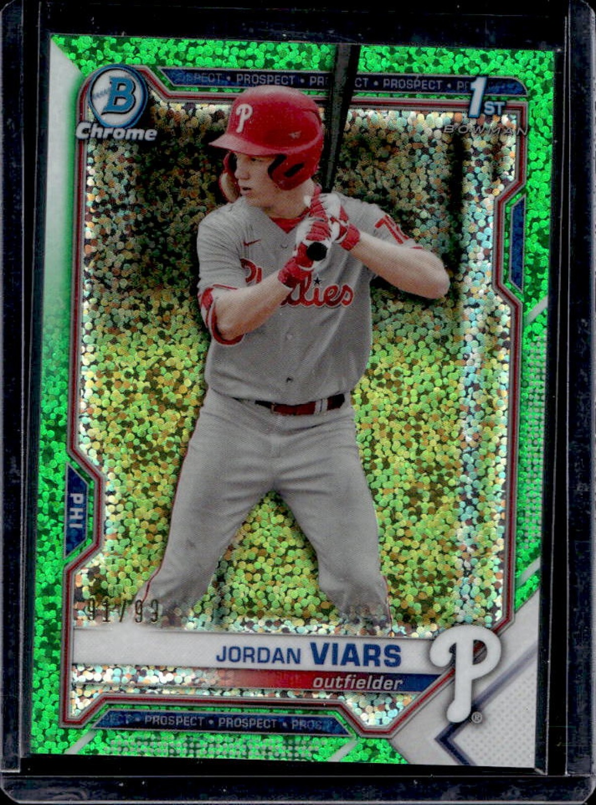 2021 Bowman Draft Jordan Viars Chrome Green Sparkle Refractor 1st #/99 Phillies