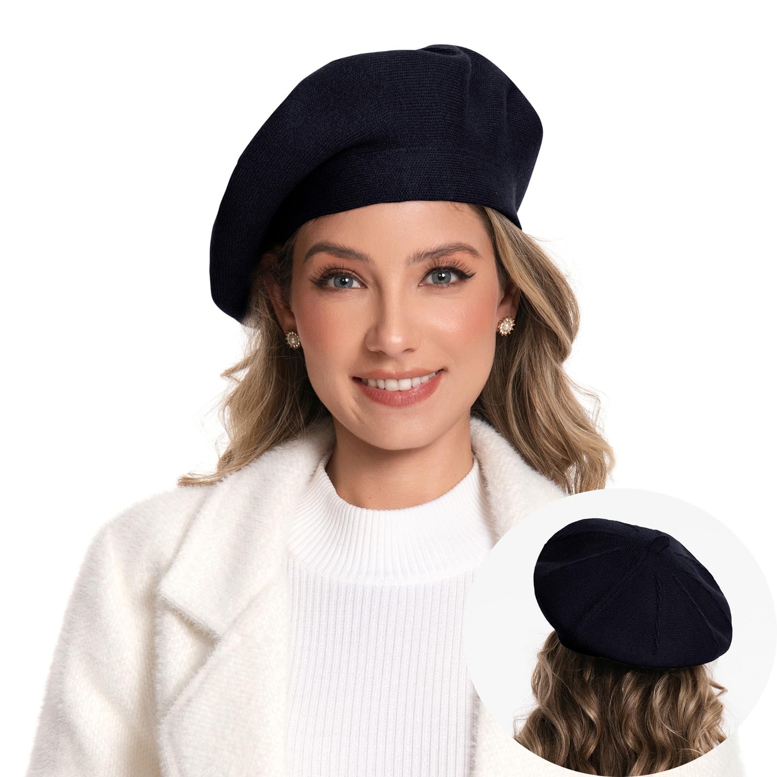 Nawati Women's Knitted Beret, French Style Double Layer One Size, Black
