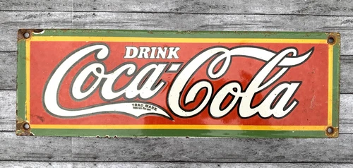 VINTAGE 12x4" Drink COCA COLA SODA POP PUMP STATION PORCELAIN OIL GAS SIGN