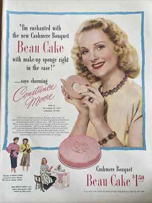 1947 vintage beau cake print ad. cash More Bouquet, Featuring Constance Moore