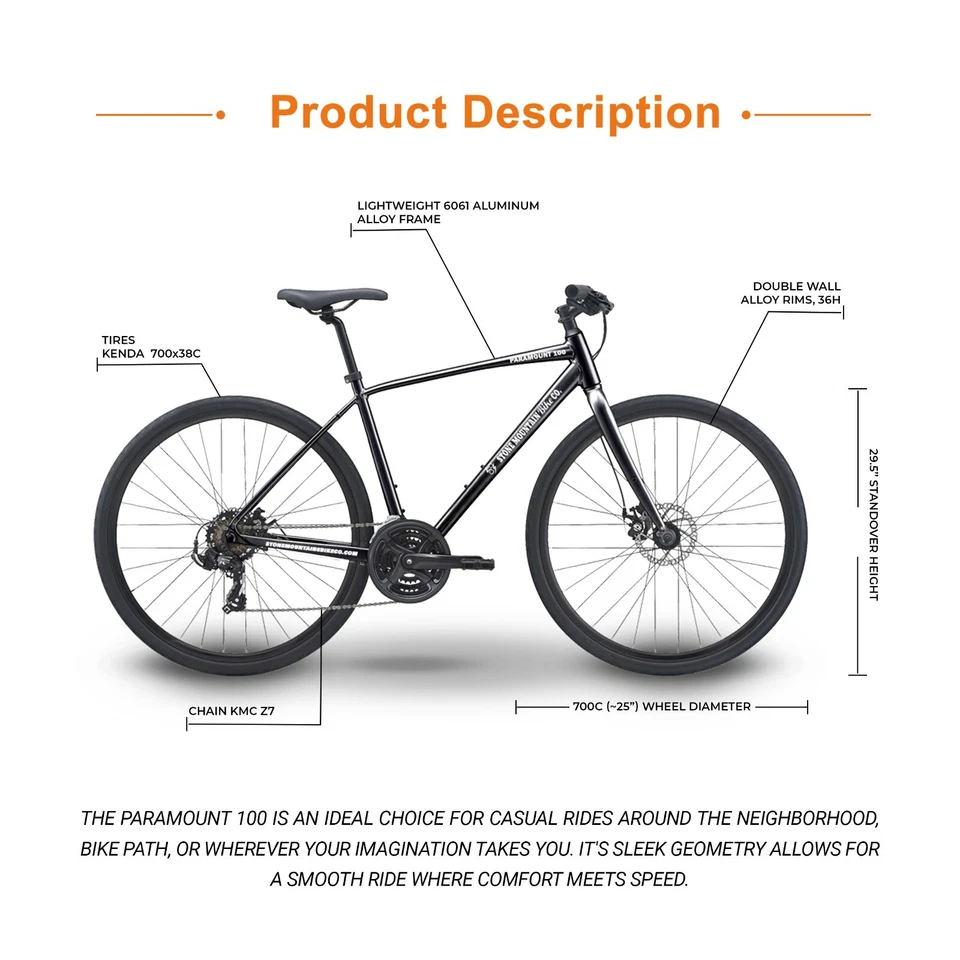 Paramount 100 Hybrid Bike 21-Speed Lightweight Aluminum Frame DISC BRAKES Black  - Image 2 of 4