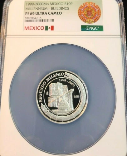 1999 2000 MEXICO SILVER 10 PESOS MILLENNIUM BUILDINGS NGC PF 69 ULTRA CAMEO TOP