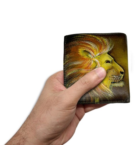 5x6 Unisex Genuine Leather Bi Fold African Safari Wild Animal Lion King Painting - Picture 5 of 7