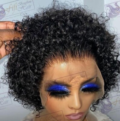 Pixie kurze lockige Lace Front Echthaar Perücke Cap