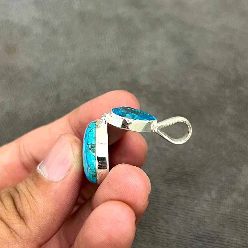 Turquoise Pendant Gemstone 925 Sterling Silver Handmade Jewelry Pendant 2.10" - image 4 of 4