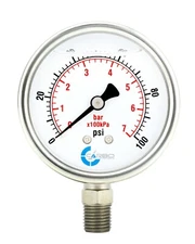2" Pressure Gauge, Stainless Steel Case, Liquid Filled, Lower Mnt, 100 PSI