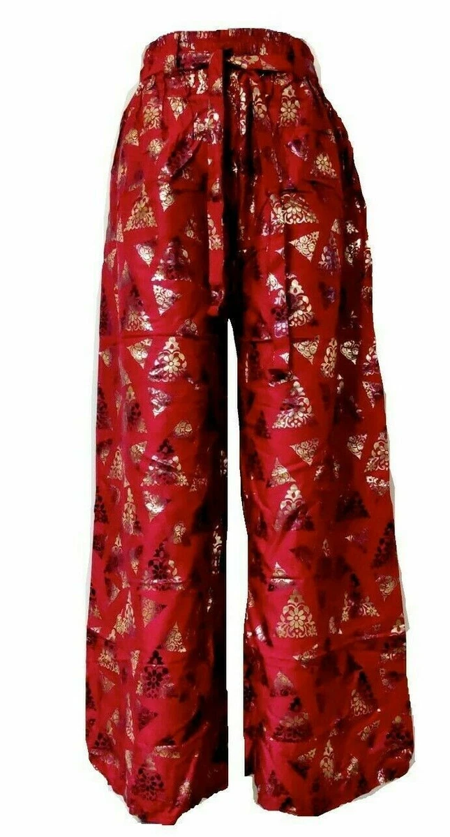 Womens Fisherman Pants Gold Jacquard Thai Silk Yoga Wraparound Palazzo  Trousers | eBay