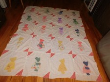 Sunbonnet Girl Quilt Top Handmade Applique Vintage Red Stripe Bow Tie 65 x 81"