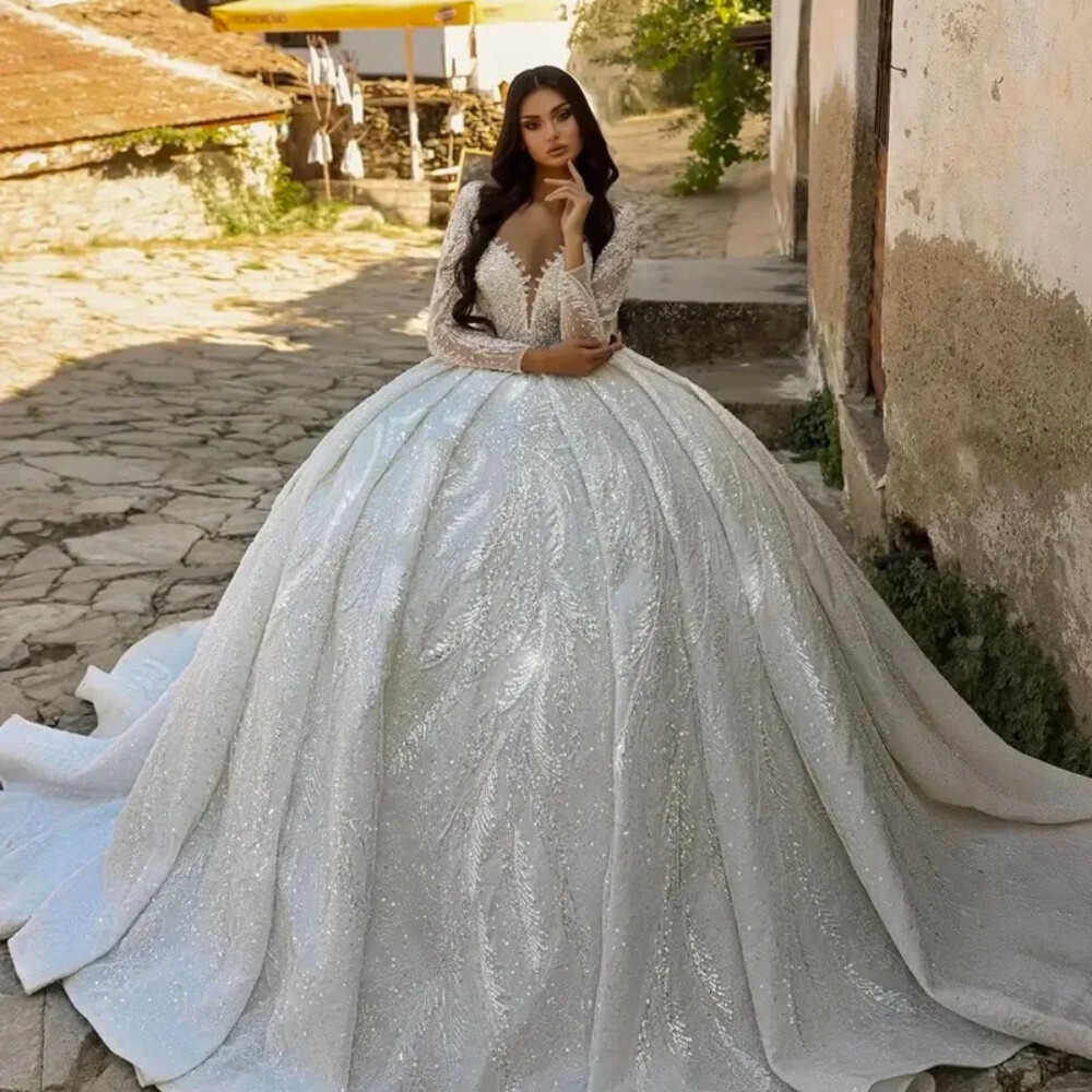 fitted lace wedding dress Illusion Long Sleeves Bride Wedding Dress Rhinestones Ball Gown –  loveangeldress main image 1
