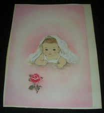 CONGRATULATIONS Baby Girl Under Blanket w Flower 8.5x11" Greeting Card Art nn