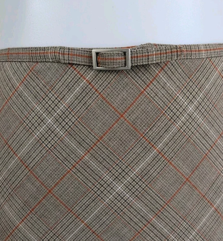 Y2K Limited Stretch A-line Skirt Tan Herringbone Plaid Modest Tailored Old Money - Image 3 of 4