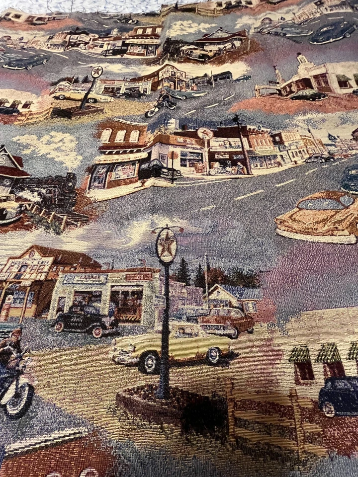 Fabric Remnant Tapestry Small Town Streets Motorcycles Cars Pattern 44"x56" - Image 2 of 4
