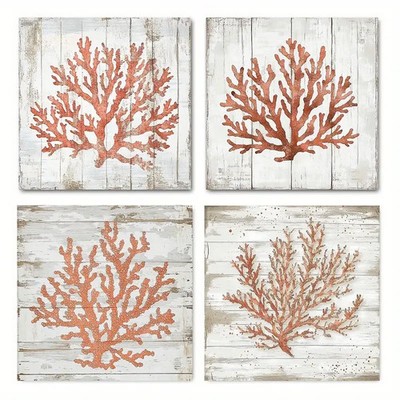 4pcs Orange Coral Beac   OCB Wall Art  Canvas Unframed/Framed