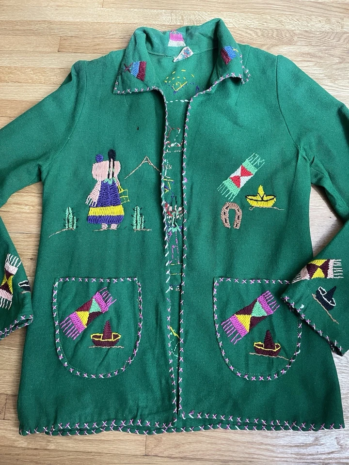 Vintage 40s 50s Mexican Felt Souvenir Jacket by Lopez Green Embroidered Size M/L - Image 2 of 4