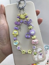 DIY Beaded Phone Charm Wristlet Bracelet String Strap Bag Gift Cute Purple Kitty