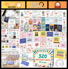 Bulk Birthday Cards Assortment - 320 Pack, 40 Designs, Envelopes  Stickers, 4"x