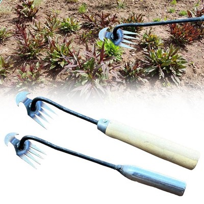 Four Tooth Garden Weeder with Sturdy Iron Handle for Root Removal