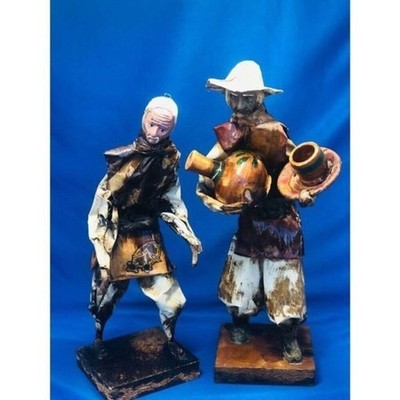 Vintage Folk paper mache working Mexican  men 10x3 2Pc