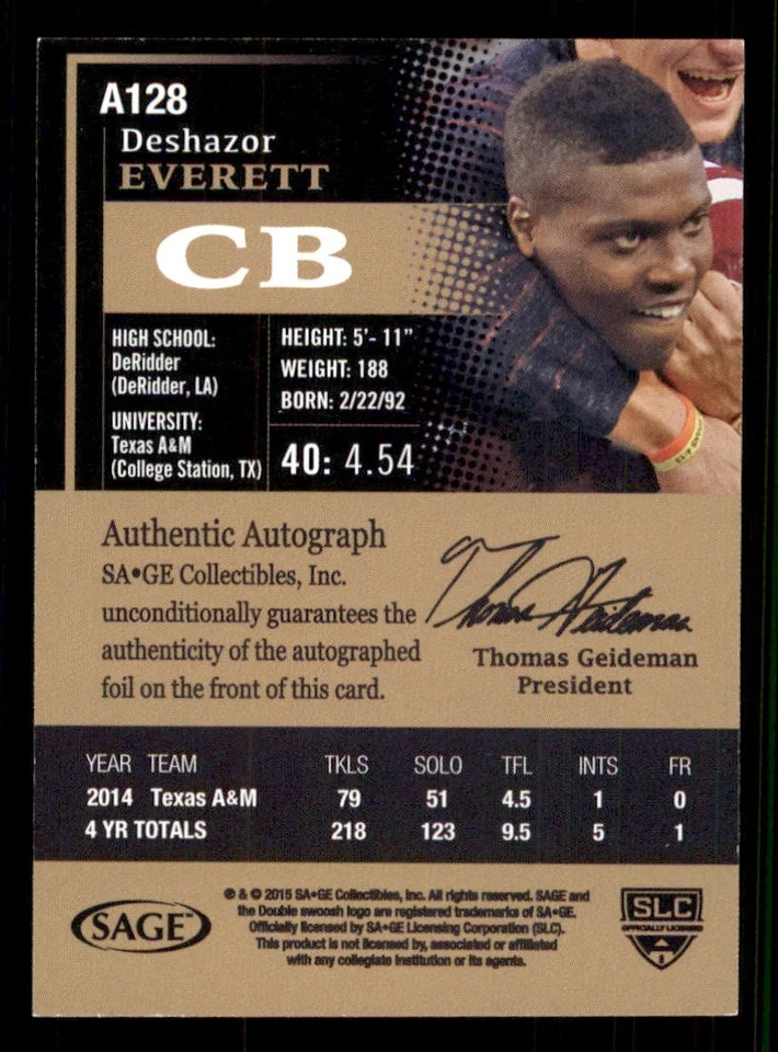2015 SAGE HIT AUTO #A128 Deshazor Everett - Image 2 of 2