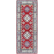 2'8"x6'4" Red Kazak with Geometric Design Hand Knotted Soft Wool Runner Rug R444
