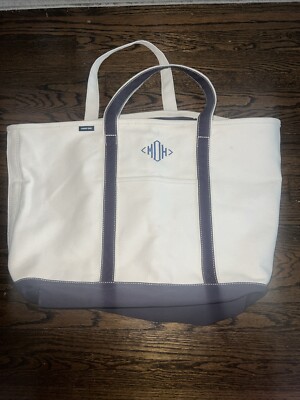 Lands End Boat & Tote Bag XL Natural Tan & Navy Canvas 23x16 zip