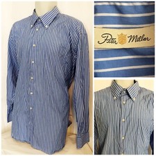 Peter Millar Mens Blue Striped Long Sleeve Button Front Casual Dress Shirt SZ XL