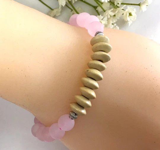 Pulsera Cuentas Redondas Cuarzo Rosa Mate con Cuentas de Madera Curación Elástica Mujer Foto 3 de 4
